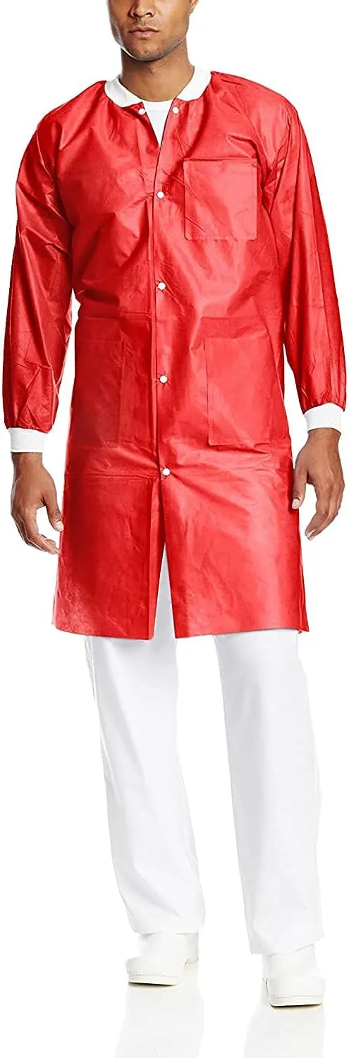 10 Pack Disposable Lab Coats - Durable 50g SMS Knee Length Reusable Lab Coat with Knit Cuffs and Pockets, Unisex | For Dental, Hospitals, Pharmacies, Labs, Clinics- Red, Medium