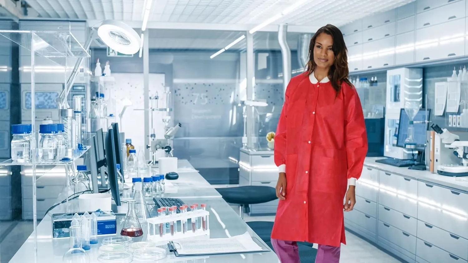 10 Pack Disposable Lab Coats - Durable 50g SMS Knee Length Reusable Lab Coat with Knit Cuffs and Pockets, Unisex | For Dental, Hospitals, Pharmacies, Labs, Clinics- Red, Medium