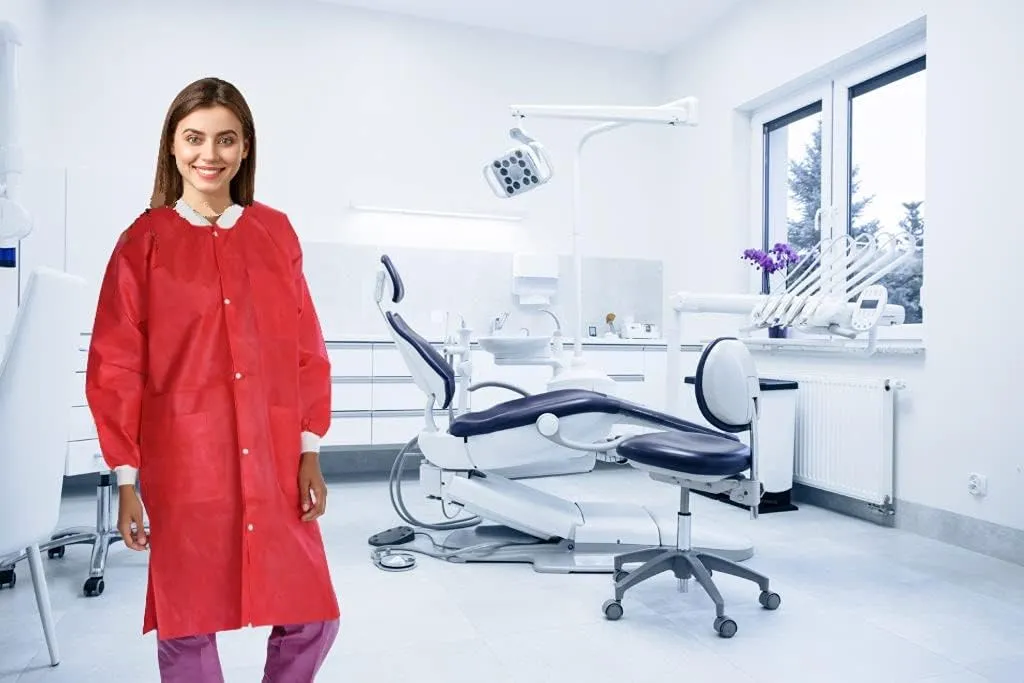 10 Pack Disposable Lab Coats - Durable 50g SMS Knee Length Reusable Lab Coat with Knit Cuffs and Pockets, Unisex | For Dental, Hospitals, Pharmacies, Labs, Clinics- Red, Medium