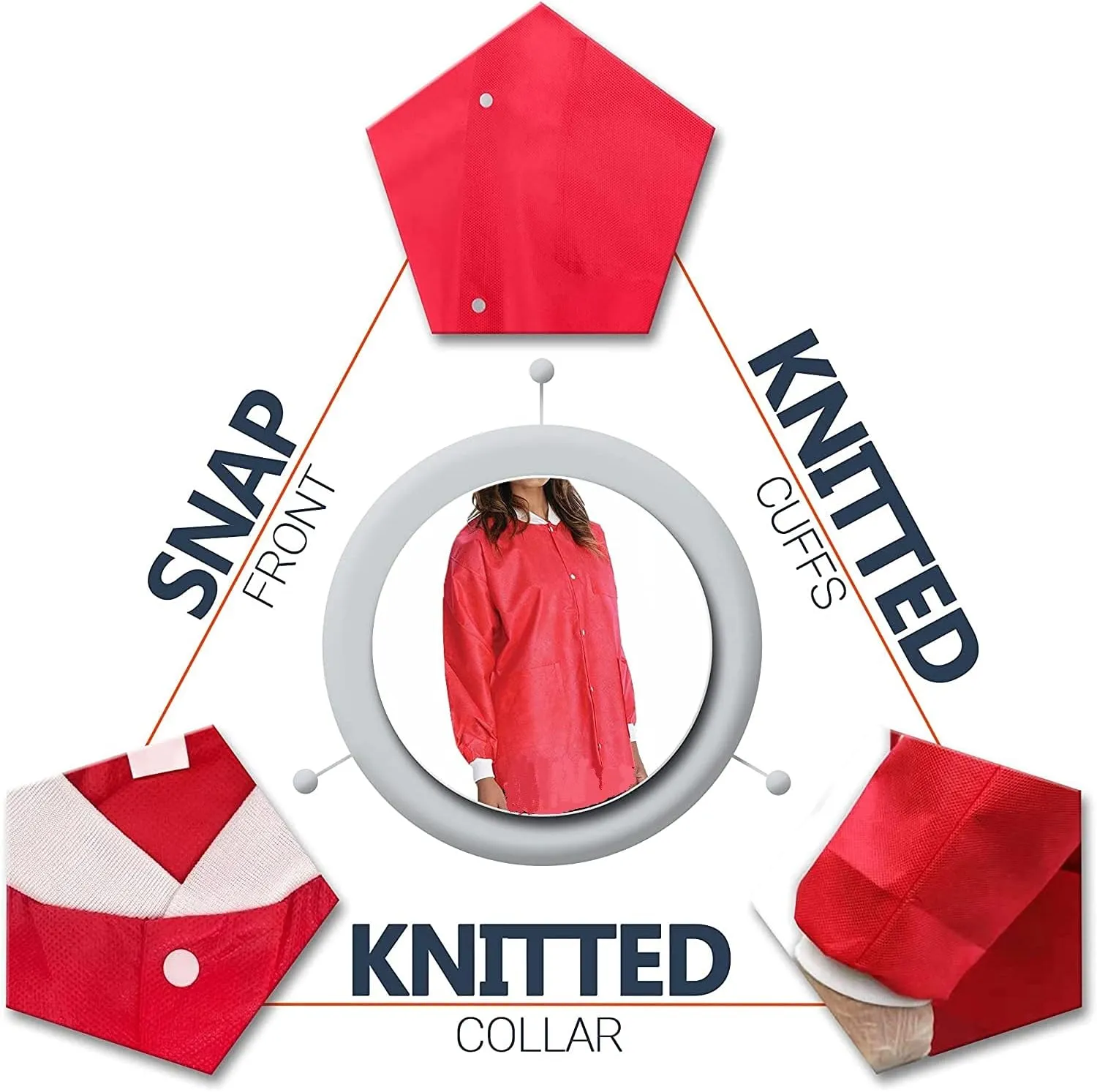 10 Pack Disposable Lab Coats - Durable 50g SMS Knee Length Reusable Lab Coat with Knit Cuffs and Pockets, Unisex | For Dental, Hospitals, Pharmacies, Labs, Clinics- Red, Medium
