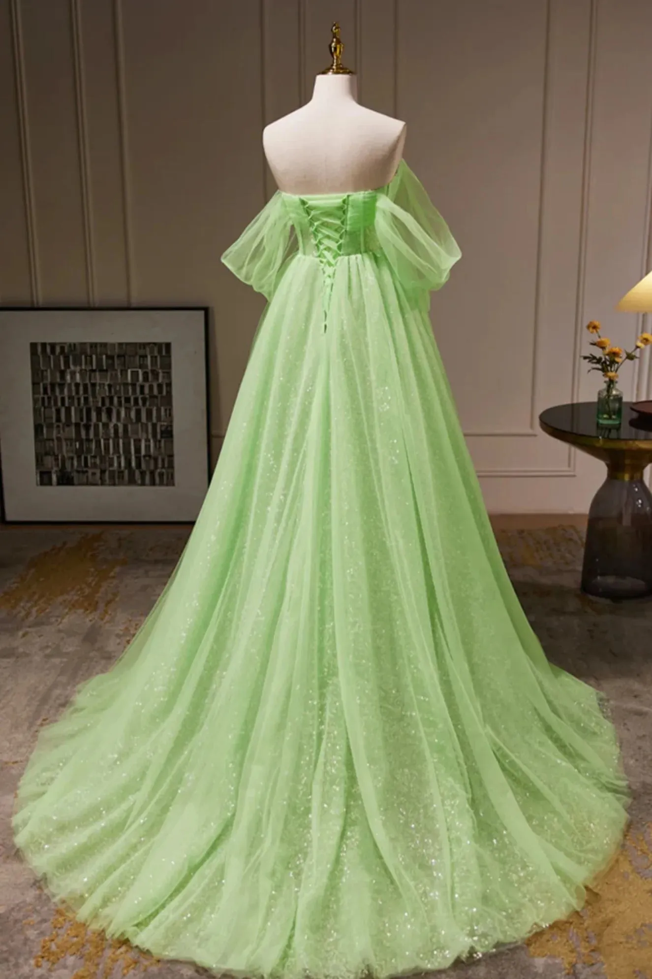 A Line Off the Shoulder Tulle Long Prom Dress, Green Formal Gown with Sequins UQP0269
