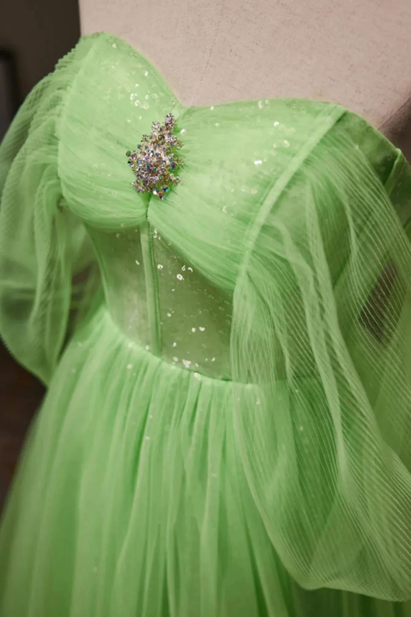 A Line Off the Shoulder Tulle Long Prom Dress, Green Formal Gown with Sequins UQP0269