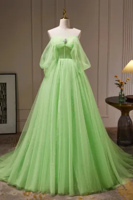 A Line Off the Shoulder Tulle Long Prom Dress, Green Formal Gown with Sequins UQP0269