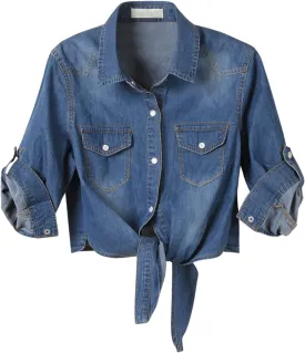 American Trends Women's Denim Shirt 3/4 Sleeve Tie Front Top Knot Chambray Cardigan Button Shirt Jean Crop Top Jacket
