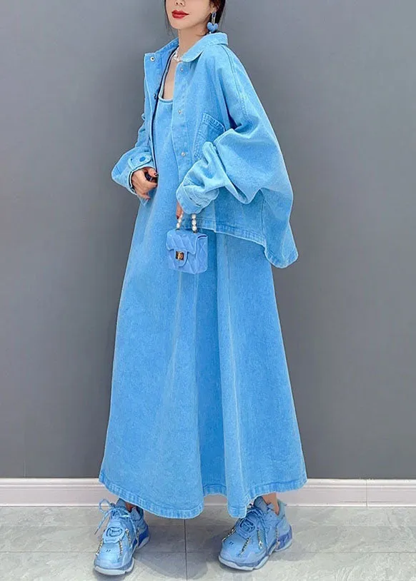 Art Blue Peter Pan Collar Patchwork Coat And Dress Denim Two Pieces Set Spring LC0337
