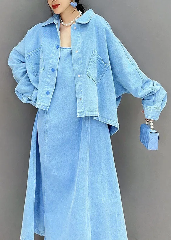 Art Blue Peter Pan Collar Patchwork Coat And Dress Denim Two Pieces Set Spring LC0337