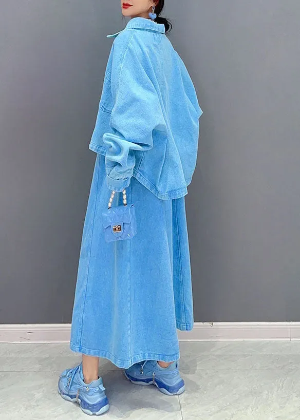 Art Blue Peter Pan Collar Patchwork Coat And Dress Denim Two Pieces Set Spring LC0337