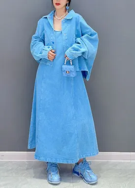 Art Blue Peter Pan Collar Patchwork Coat And Dress Denim Two Pieces Set Spring LC0337