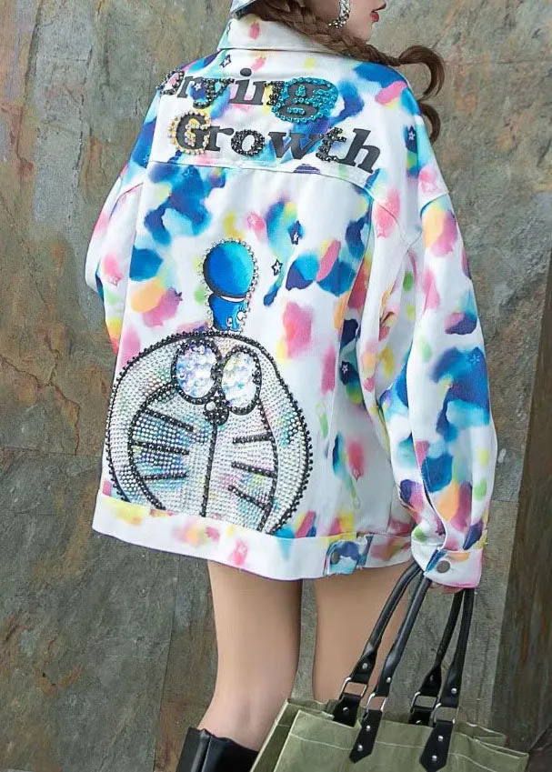 Art Blue Peter Pan Collar Zircon Print Patchwork Denim Coat Spring LY5216