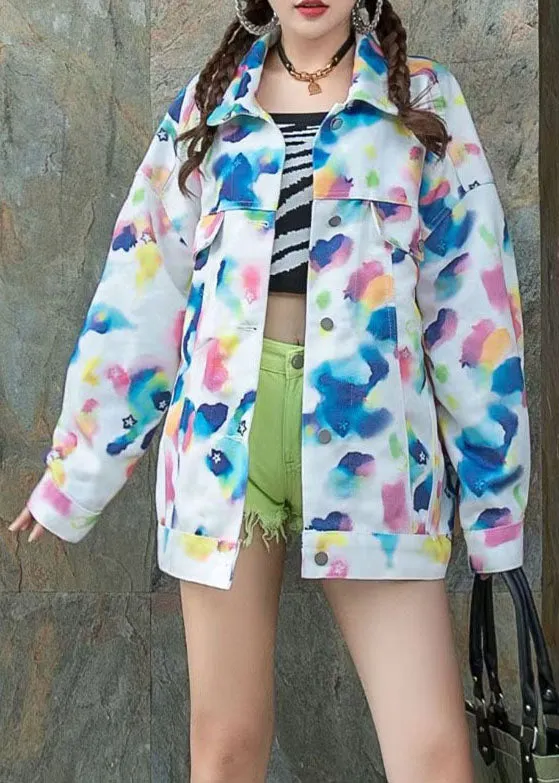 Art Blue Peter Pan Collar Zircon Print Patchwork Denim Coat Spring LY5216
