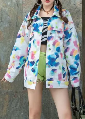Art Blue Peter Pan Collar Zircon Print Patchwork Denim Coat Spring LY5216