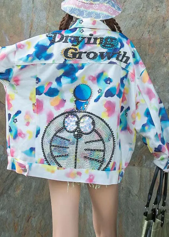 Art Blue Peter Pan Collar Zircon Print Patchwork Denim Coat Spring LY5216