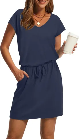 BAXLIMEK Mini Dresses for Women Summer Casual Loose V Neck Short Sleeve T Shirt Dress,Comfy Drawstring Striped Beach Dress