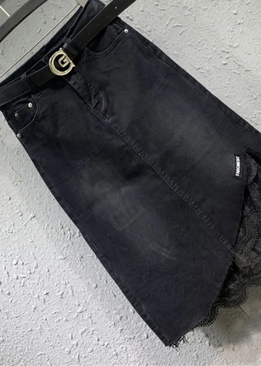 Beautiful Black Lace Pockets Patchwork Denim Skirt Fall ML0744