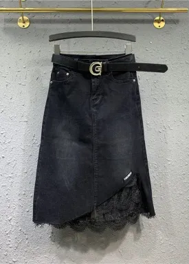 Beautiful Black Lace Pockets Patchwork Denim Skirt Fall ML0744