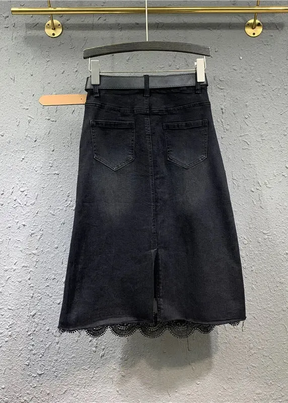 Beautiful Black Lace Pockets Patchwork Denim Skirt Fall ML0744