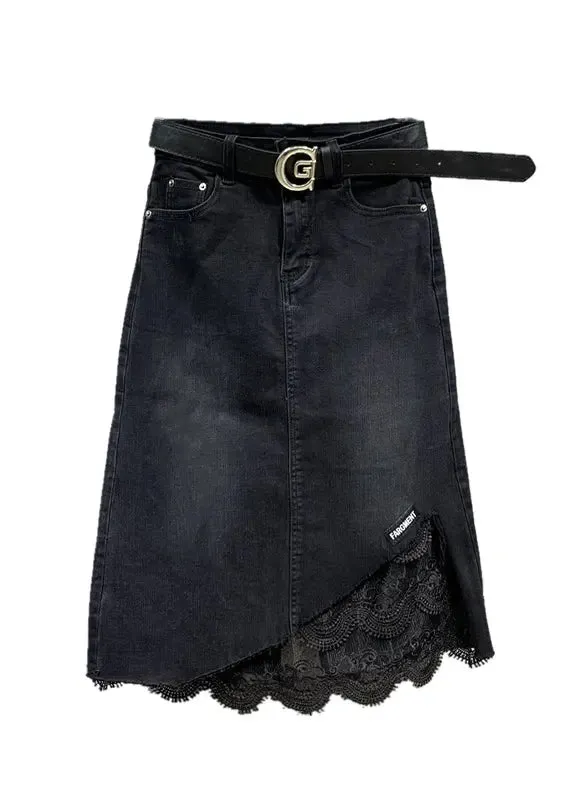 Beautiful Black Lace Pockets Patchwork Denim Skirt Fall ML0744