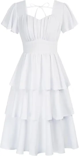 Belle Poque Women's Square Neck Tiered Ruffle Dress 2025 Summer Vintage Short Sleeve Layered A-line Swing Midi Dress
