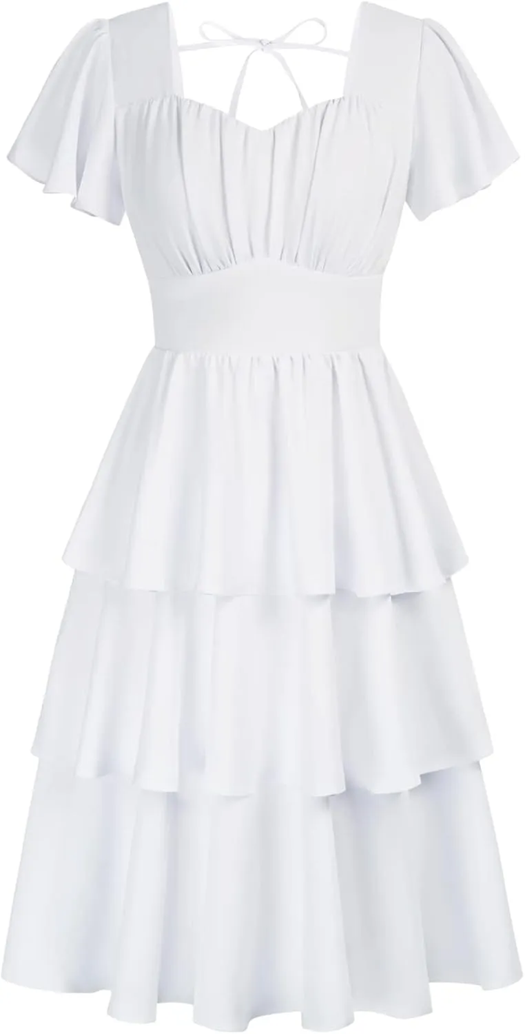 Belle Poque Women's Square Neck Tiered Ruffle Dress 2025 Summer Vintage Short Sleeve Layered A-line Swing Midi Dress
