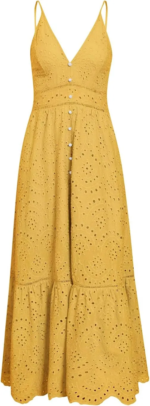 BerryGo Women's Embroidery Pearl Button Down Dress V Neck Spaghetti Strap Maxi Dress
