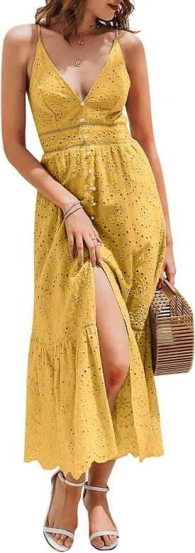 BerryGo Women's Embroidery Pearl Button Down Dress V Neck Spaghetti Strap Maxi Dress