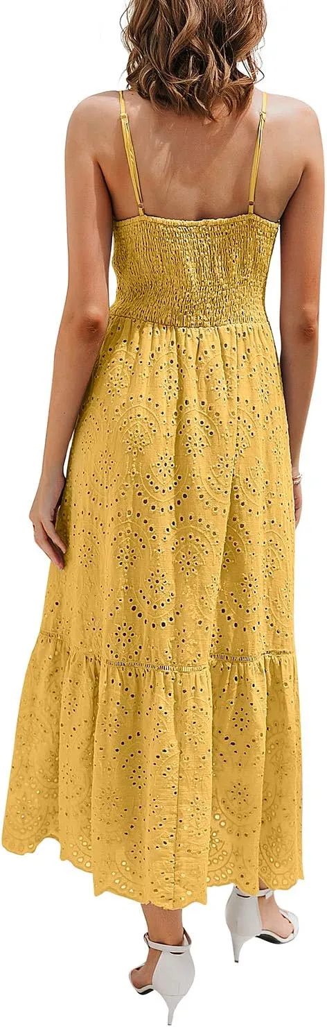 BerryGo Women's Embroidery Pearl Button Down Dress V Neck Spaghetti Strap Maxi Dress