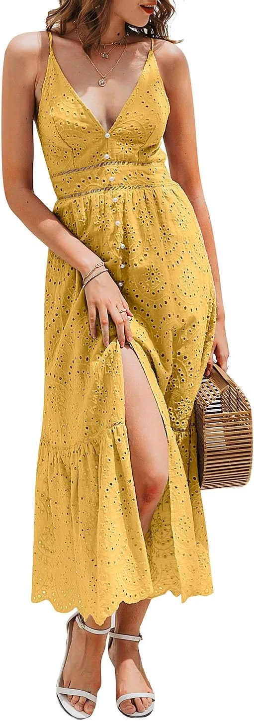 BerryGo Women's Embroidery Pearl Button Down Dress V Neck Spaghetti Strap Maxi Dress