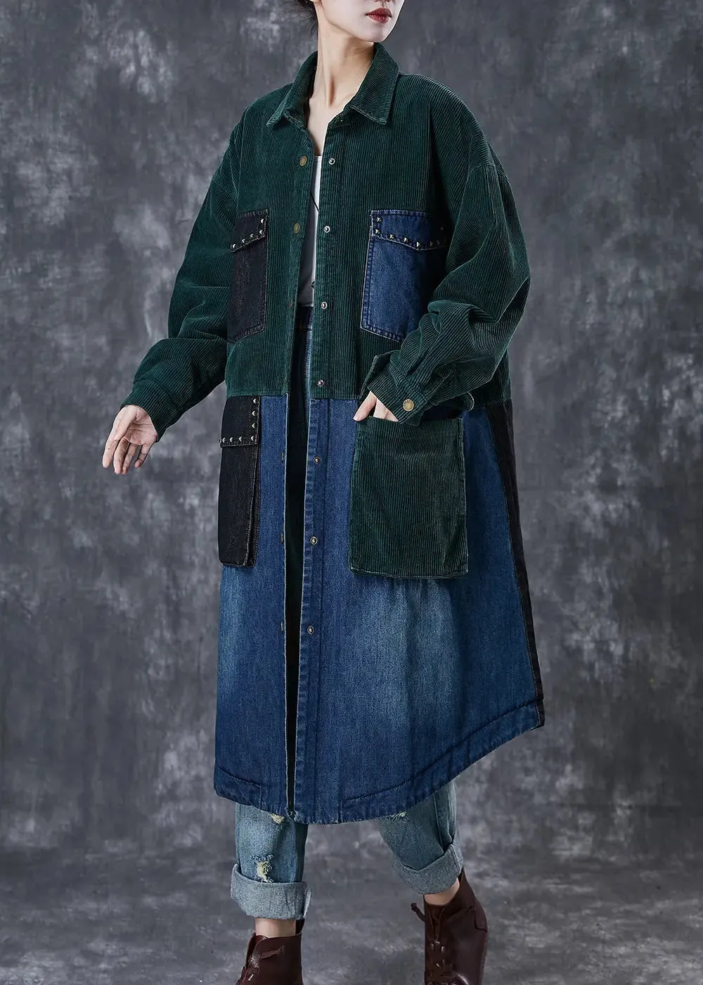 Blackish Green Rivet Patchwork Coat