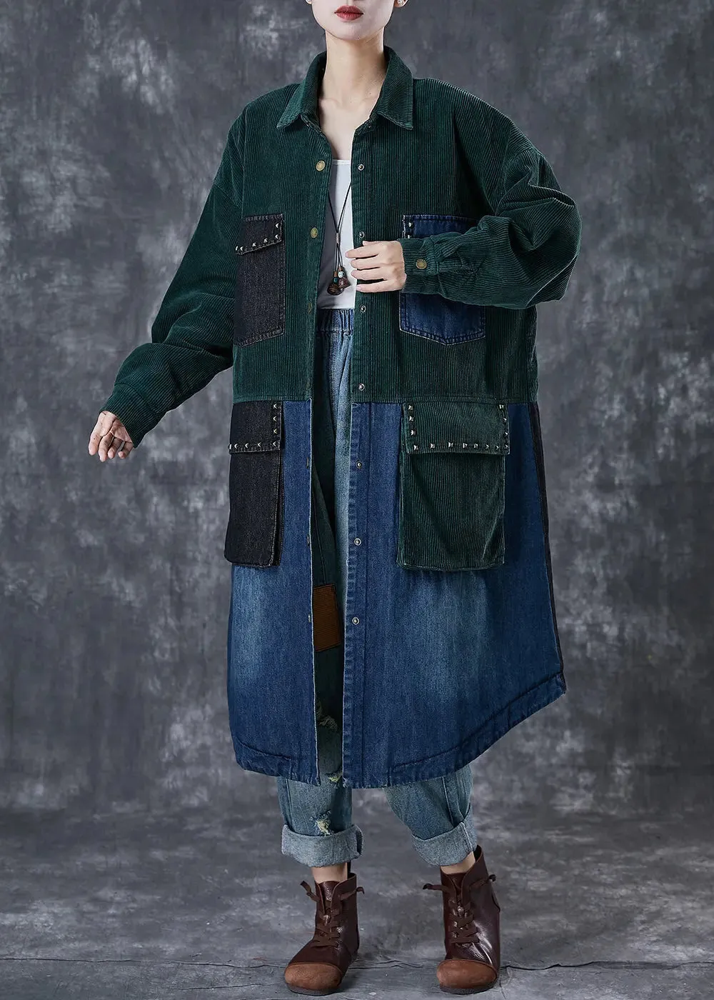 Blackish Green Rivet Patchwork Coat