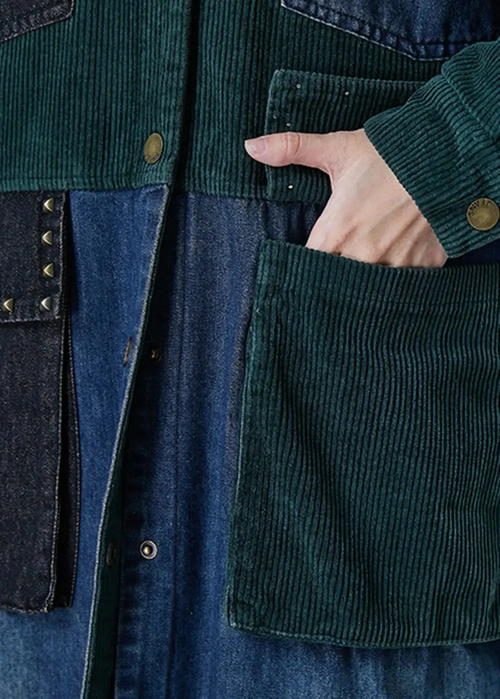Blackish Green Rivet Patchwork Coat