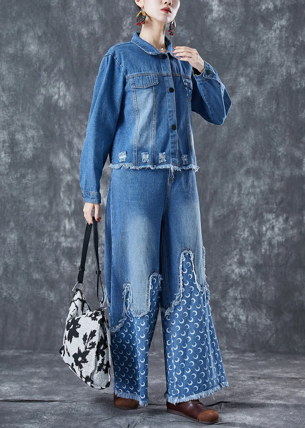 Bohemian Blue Oversized Patchwork Tassel Denim Two-Piece Set Spring LY5663