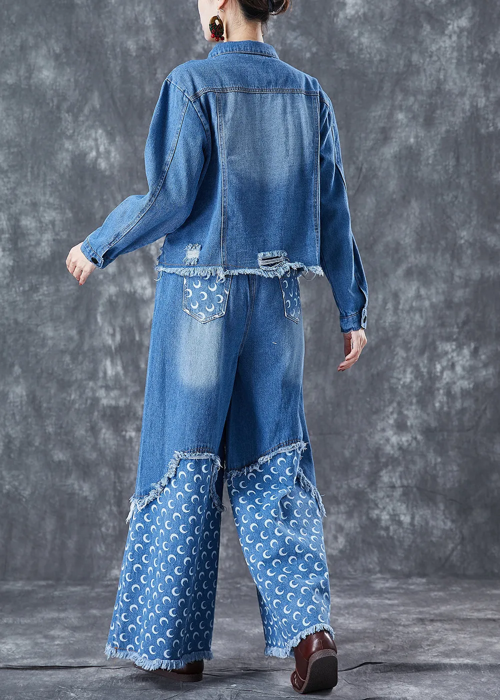 Bohemian Blue Oversized Patchwork Tassel Denim Two-Piece Set Spring LY5663