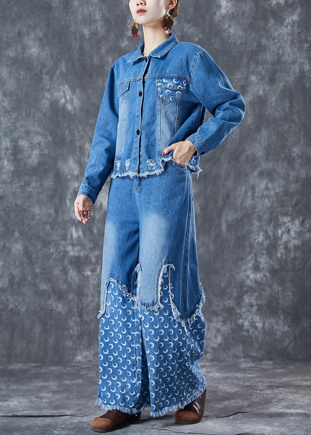 Bohemian Blue Oversized Patchwork Tassel Denim Two-Piece Set Spring LY5663