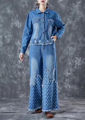 Bohemian Blue Oversized Patchwork Tassel Denim Two-Piece Set Spring LY5663