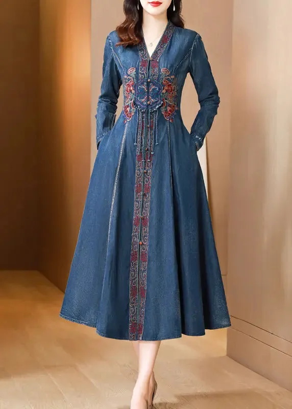Bohemian Blue V Neck Embroideried Patchwork Denim Dresses Fall ML2798