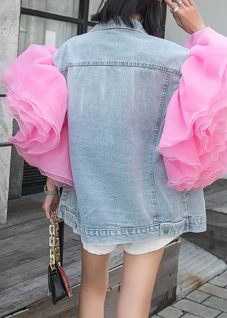 Bohemian Light Blue Tulle Ruffled Patchwork Denim Top Summer LY3990