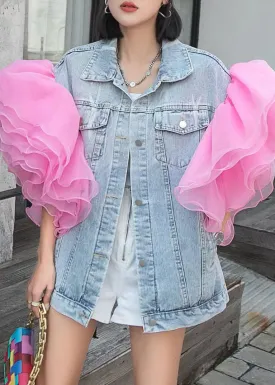 Bohemian Light Blue Tulle Ruffled Patchwork Denim Top Summer LY3990
