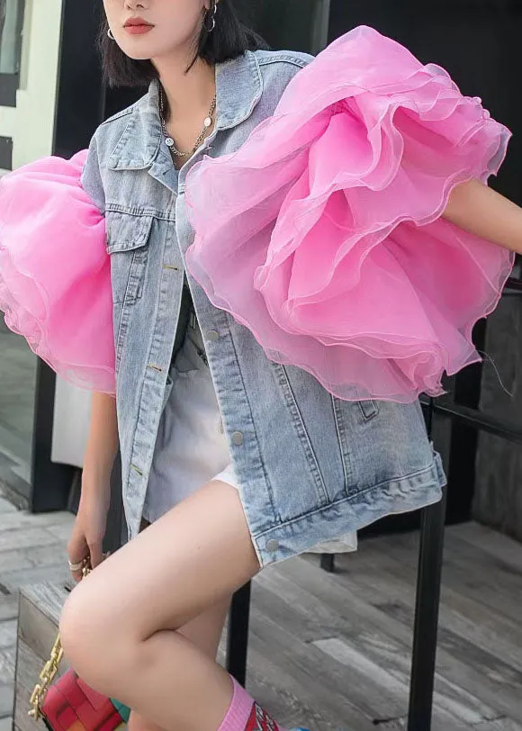 Bohemian Light Blue Tulle Ruffled Patchwork Denim Top Summer LY3990