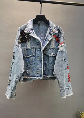 Boutique Blue Peter Pan Collar Graphic Print Patchwork Nail Bead Button Denim Coat Spring LY5203