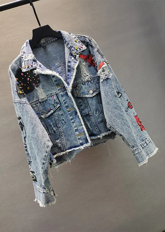 Boutique Blue Peter Pan Collar Graphic Print Patchwork Nail Bead Button Denim Coat Spring LY5203