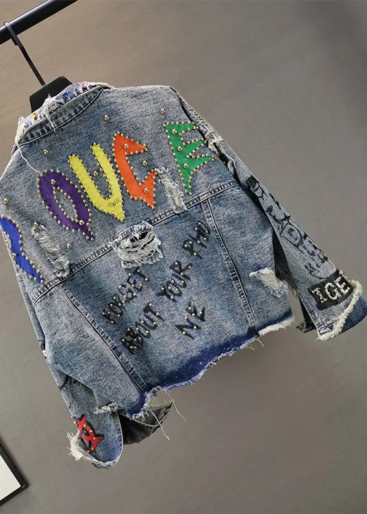 Boutique Blue Peter Pan Collar Graphic Print Patchwork Nail Bead Button Denim Coat Spring LY5203