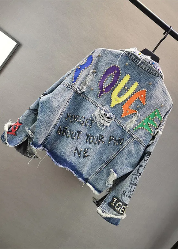 Boutique Blue Peter Pan Collar Graphic Print Patchwork Nail Bead Button Denim Coat Spring LY5203