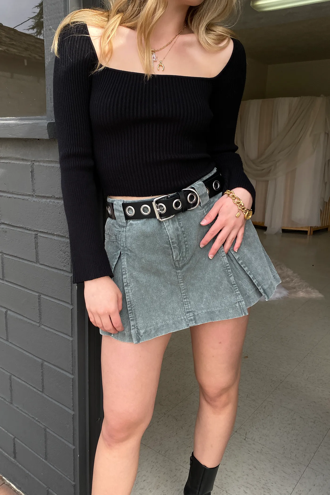 Box Pleats Corduroy Mini Skort