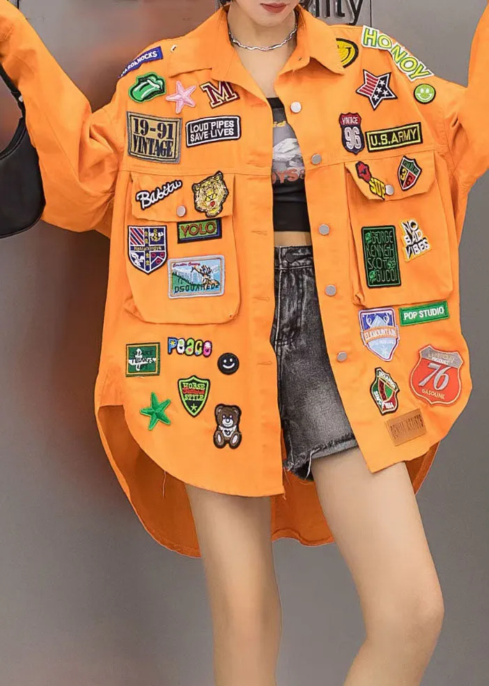 Casual Orange Pockets Graphic Patchwork Denim Coat Spring LY3989