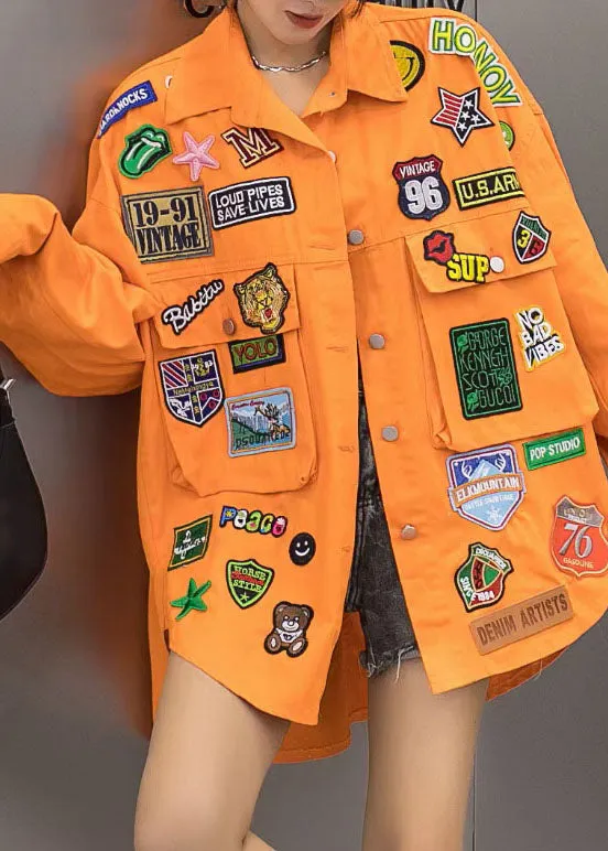Casual Orange Pockets Graphic Patchwork Denim Coat Spring LY3989