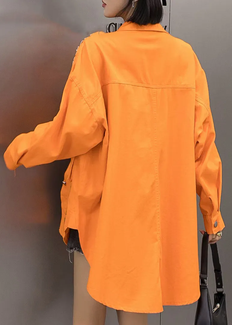Casual Orange Pockets Graphic Patchwork Denim Coat Spring LY3989