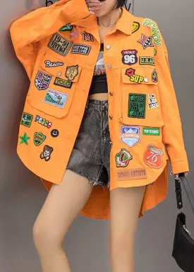 Casual Orange Pockets Graphic Patchwork Denim Coat Spring LY3989
