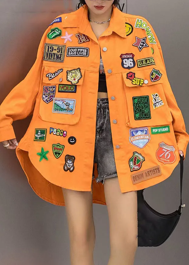 Casual Orange Pockets Graphic Patchwork Denim Coat Spring LY3989