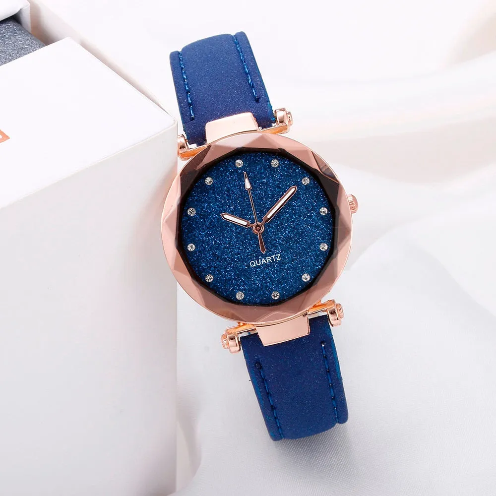 Casual Women Romantic Starry Sky Wrist Watch Leather Rhinestone Designer Ladies Clock Simple Dress Gfit  Montre Femme@50