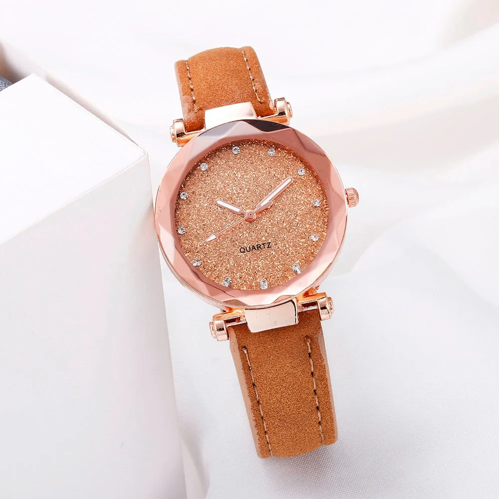 Casual Women Romantic Starry Sky Wrist Watch Leather Rhinestone Designer Ladies Clock Simple Dress Gfit  Montre Femme@50